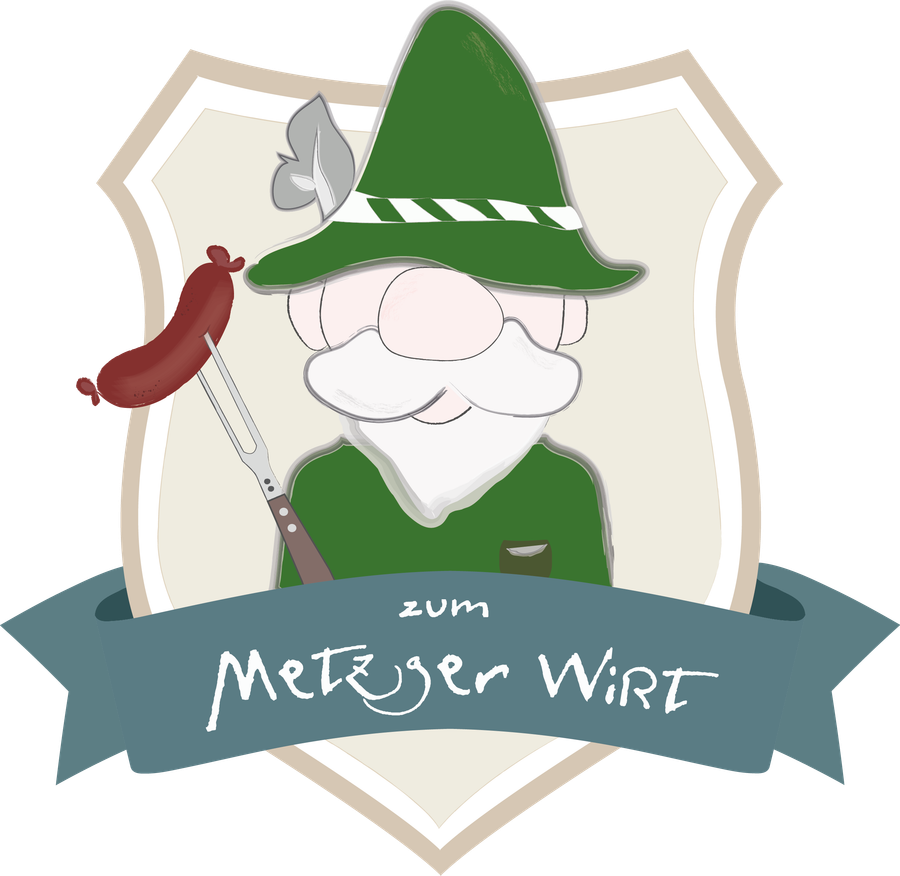 Der Metzgerwirt mit grünem Hut, weißem Bart und Wurst an der Gabel.